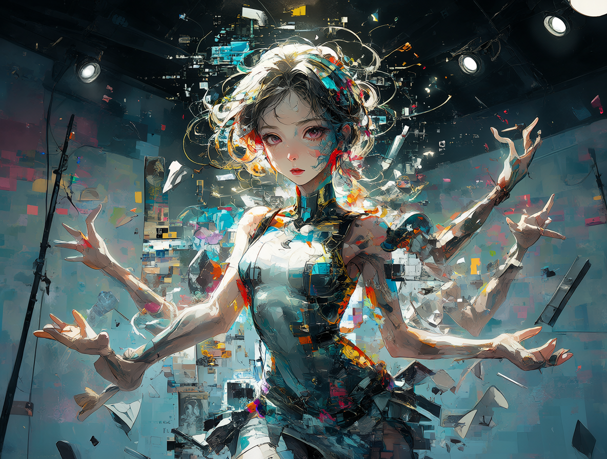 Ilustración digital de una avatar femenina atrapada en un glitch, con extremidades extra y artefactos visuales flotantes.