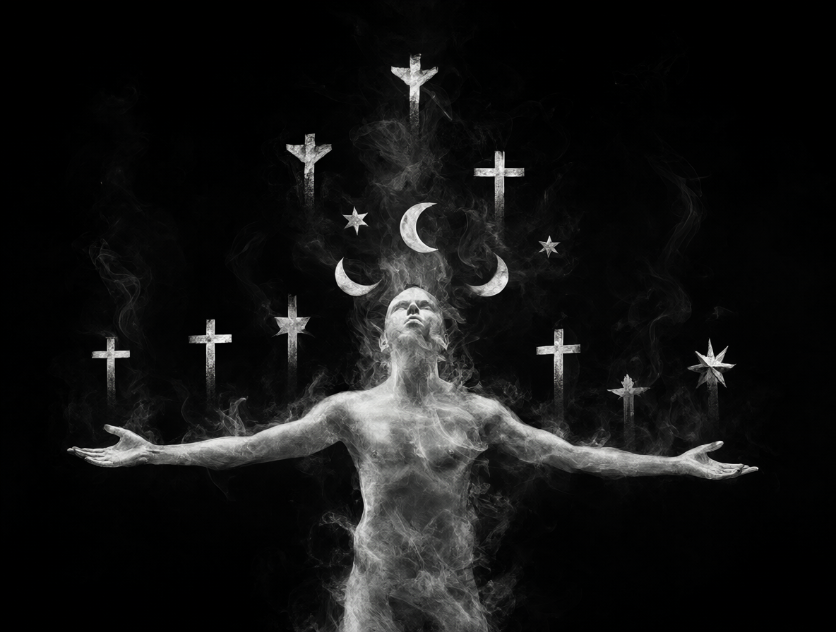 Figura humana entregada rodeada de símbolos religiosos desvaneciéndose, ilustrando el concepto de mártires y convicción versus verdad.