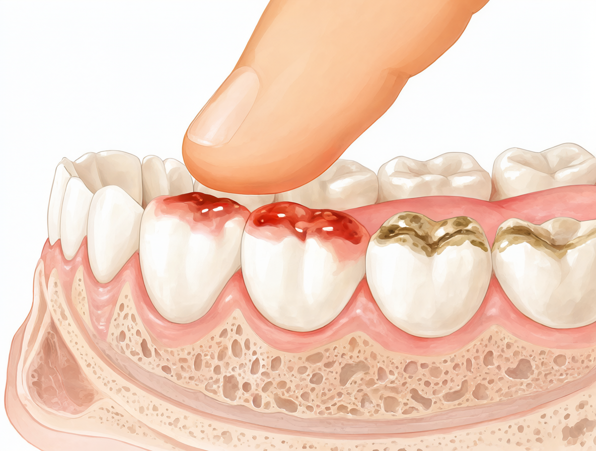 Ilustración de sección transversal mostrando dos dientes dañados con restauraciones y una zona sensible en la encía superior.