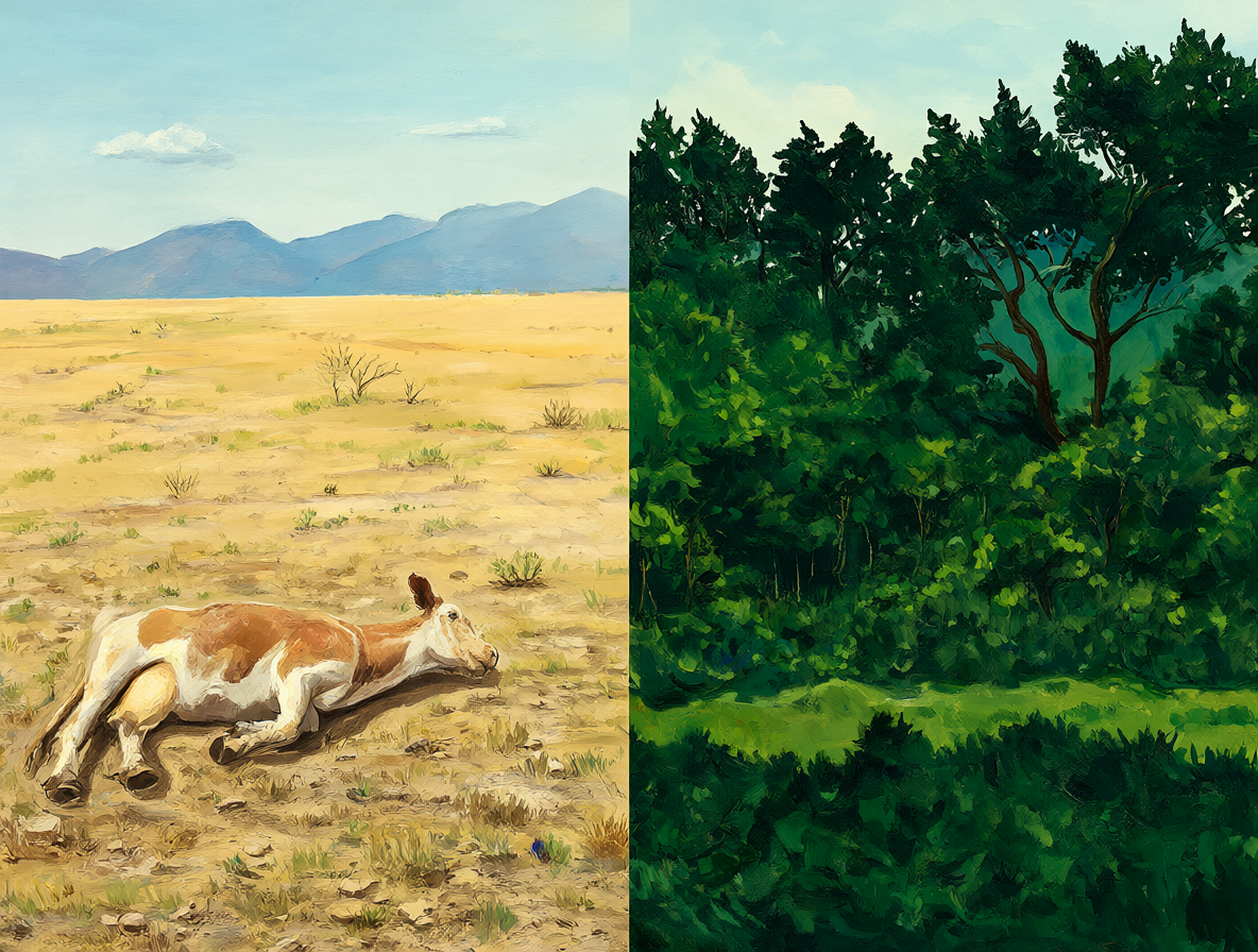 Mapa ilustrativo mostrando las ubicaciones geográficas de Vaca Muerta en Argentina y China Muerta en Chile, con sus respectivos paisajes naturales.
