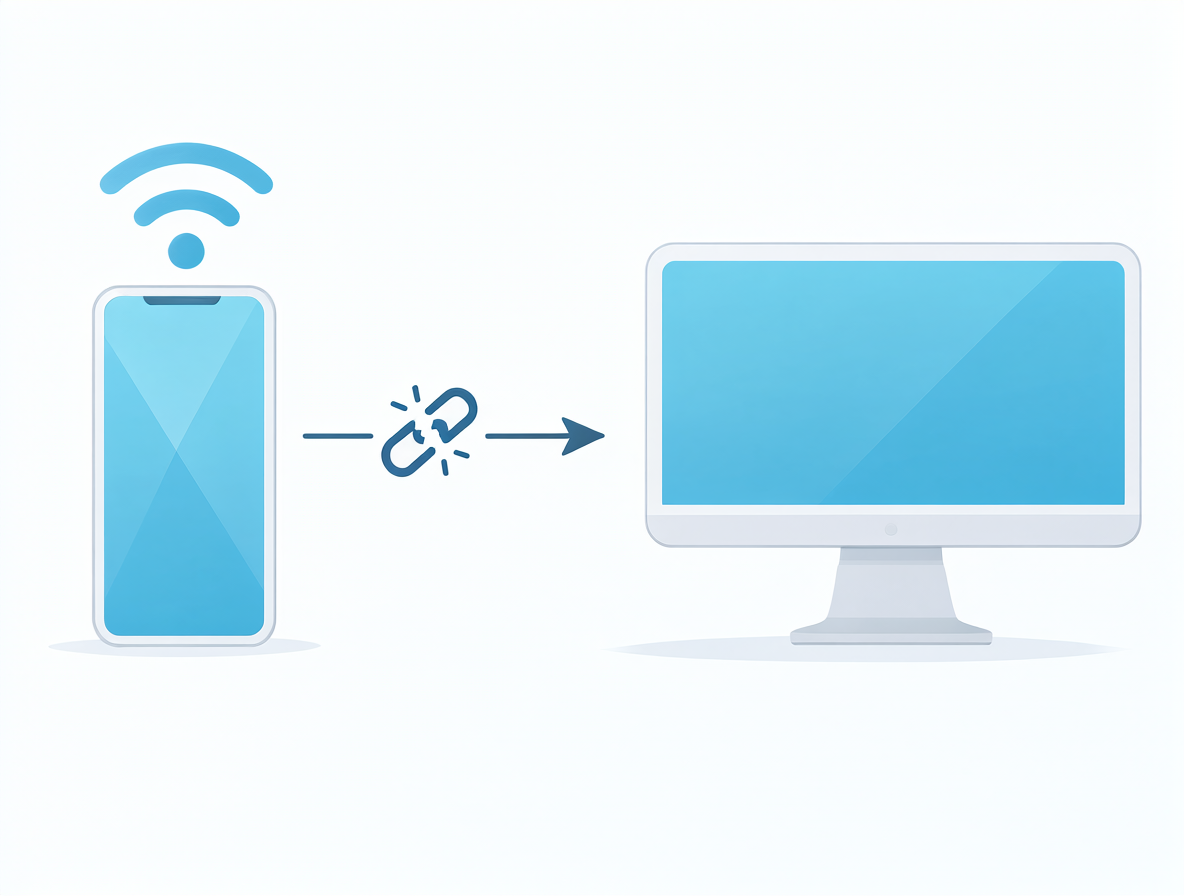 Ilustración digital de un teléfono inteligente Android conectado por Wi-Fi a una computadora de escritorio, con un icono de enlace roto que representa una falla en la conexión SMB.