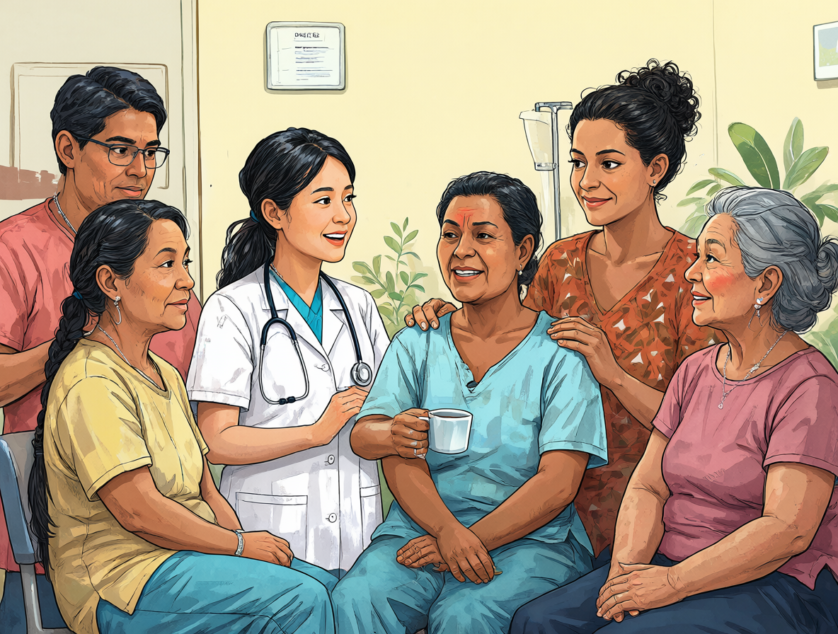 Ilustración detallada de un equipo de salud chileno atendiendo pacientes en una clínica acogedora.