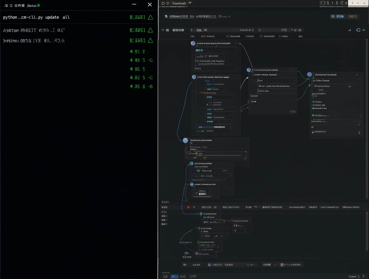 Split screen showing terminal commands and live node updates.