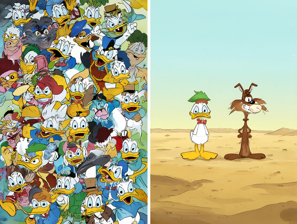 Imagen dividida mostrando la complejidad del mundo de Scrooge McDuck a un lado y el entorno simple del Correcaminos al otro, comparando los dos universos de cómics clásicos.