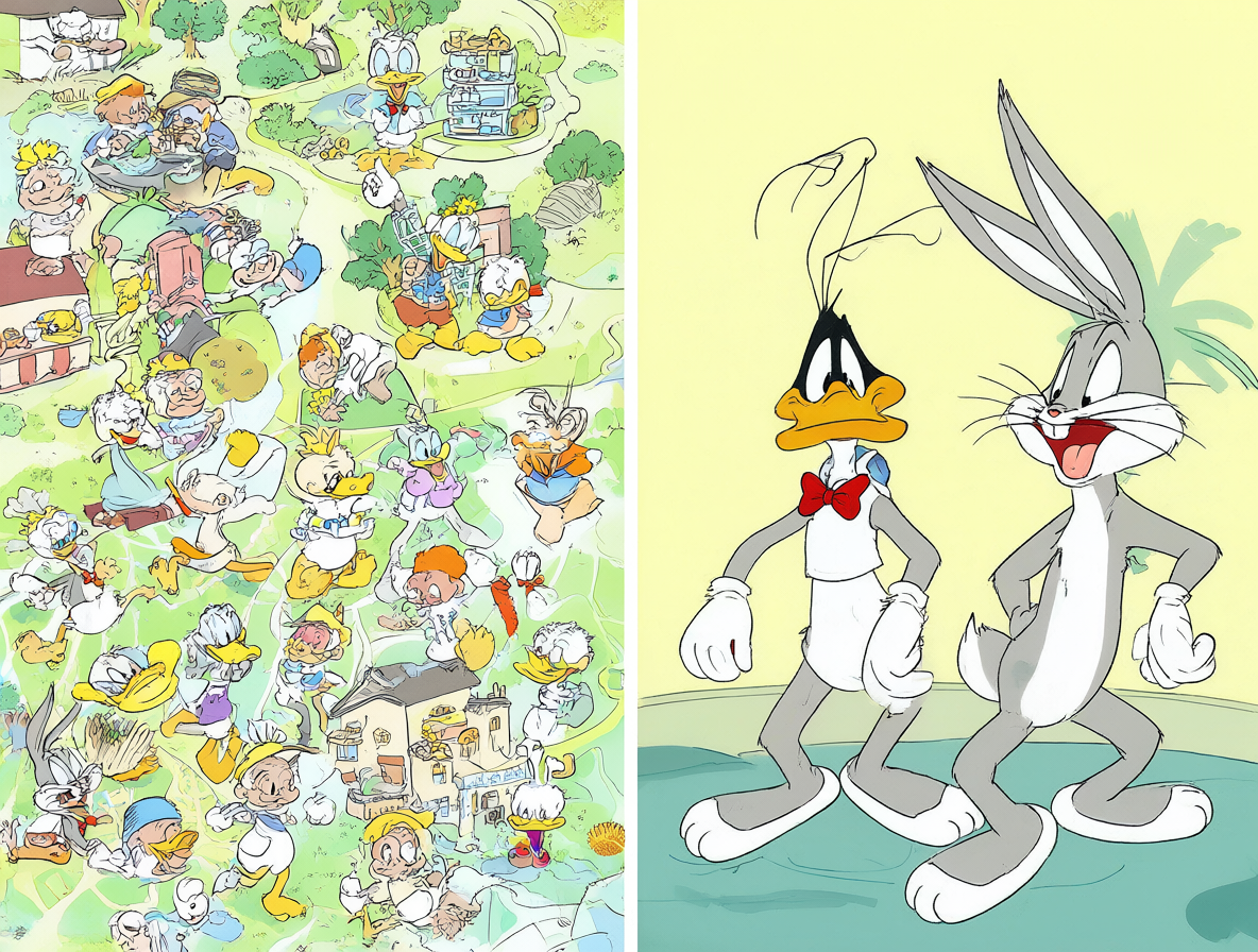 Imagen mostrando el contraste entre un personaje doméstico y complejo como Donald Duck y los personajes de gags simples de Warner Bros, comparando cómo se trata a los cómics clásicos.