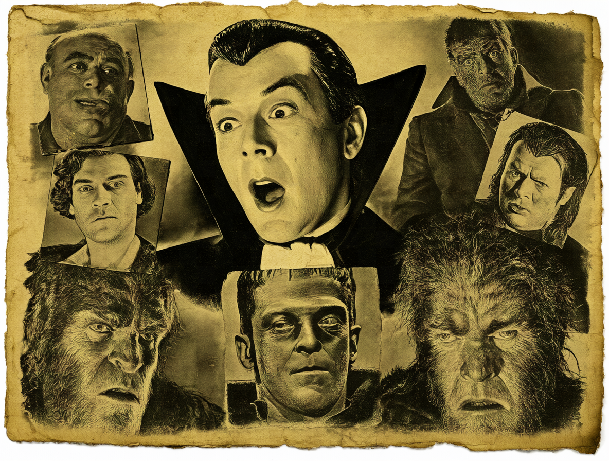 Collage vintage de personajes de terror como Drácula y el Hombre Lobo sobre papel antiguo.