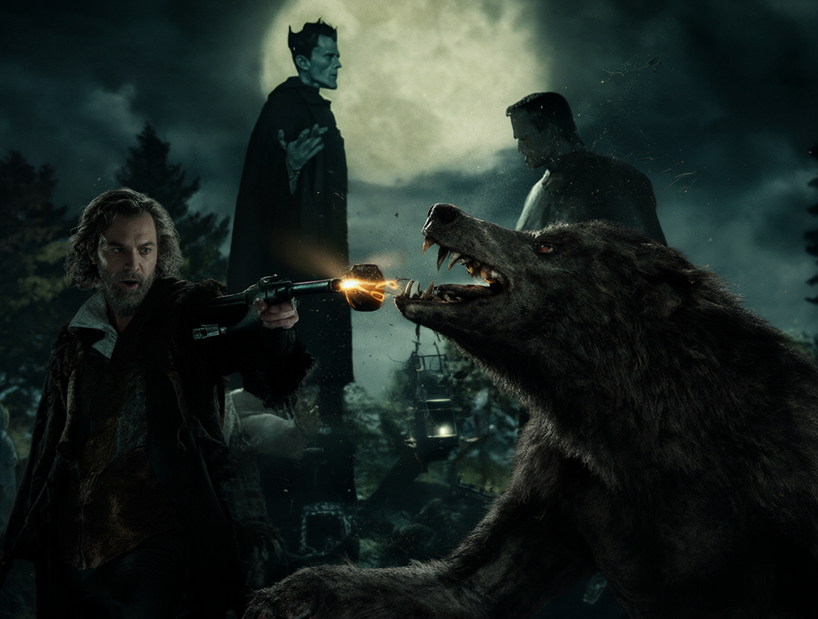 Vampiro y Hombre Lobo siendo derrotados por Van Helsing mientras Frankenstein observa la escena.