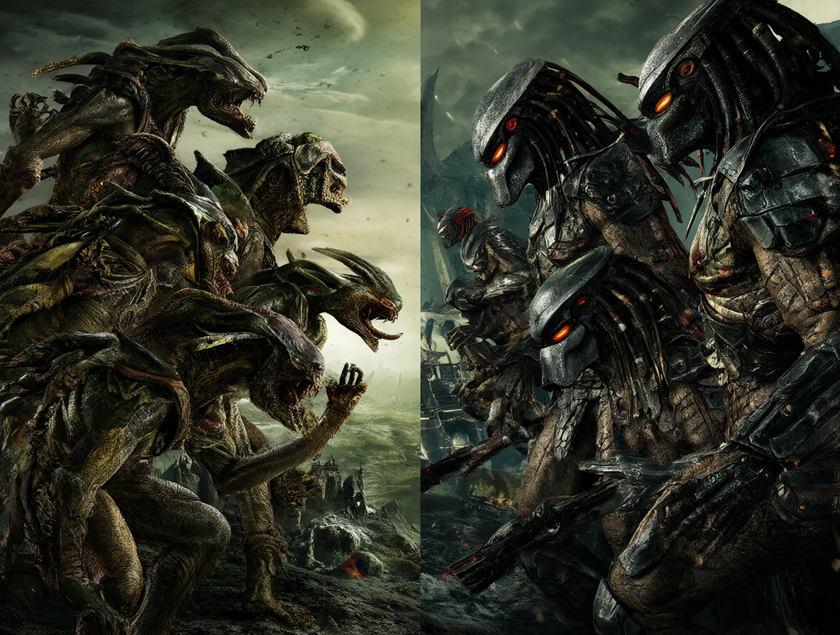 Xenomorfos enfrentándose a Predadores en una batalla alienígena.