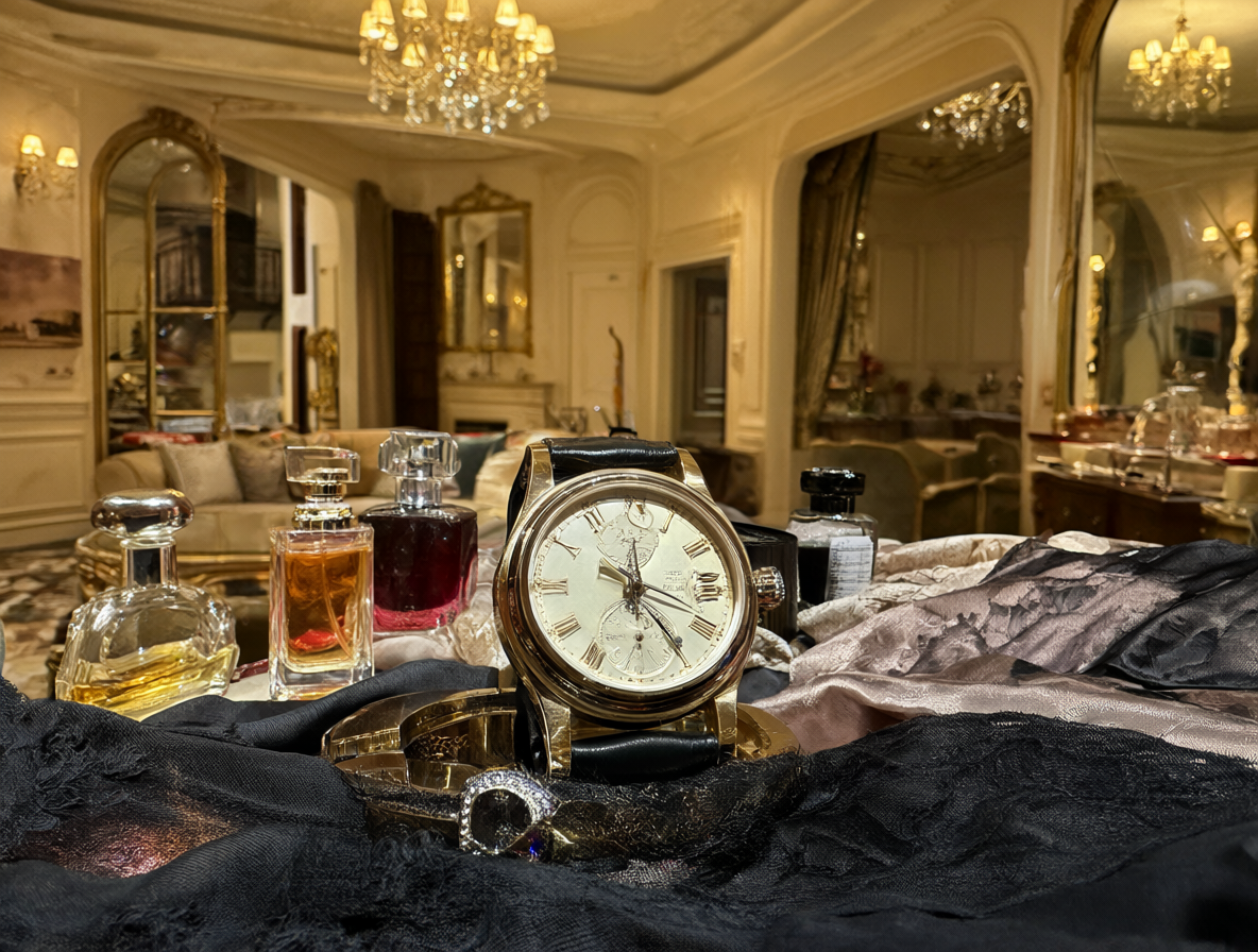Reloj de lujo inútil y objetos de uso limitado en un entorno opulento.
