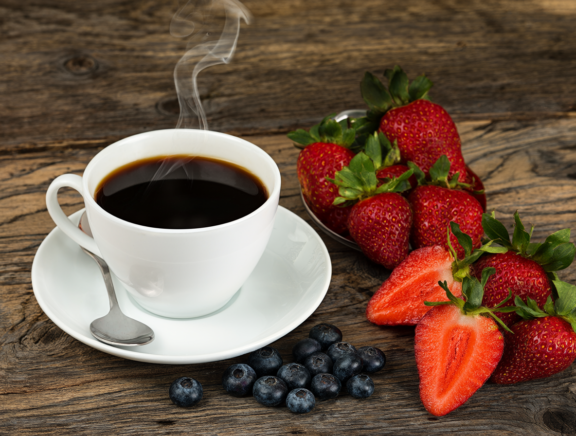 Taza de café negro y frutas frescas sobre madera