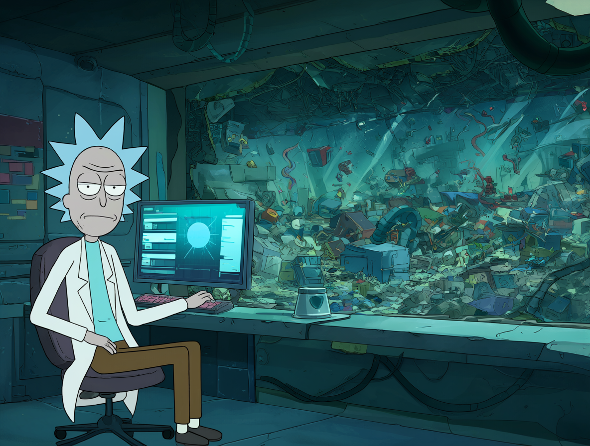 Rick Sanchez mirando aburrido en su laboratorio, marcando el declive cultural de la serie.