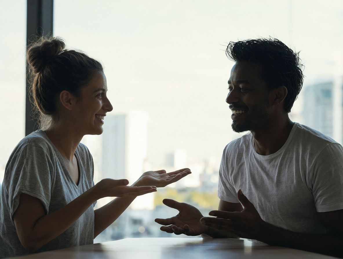 Dos personas comunicándose claramente sin tensión, ejemplificando una buena dinámica.