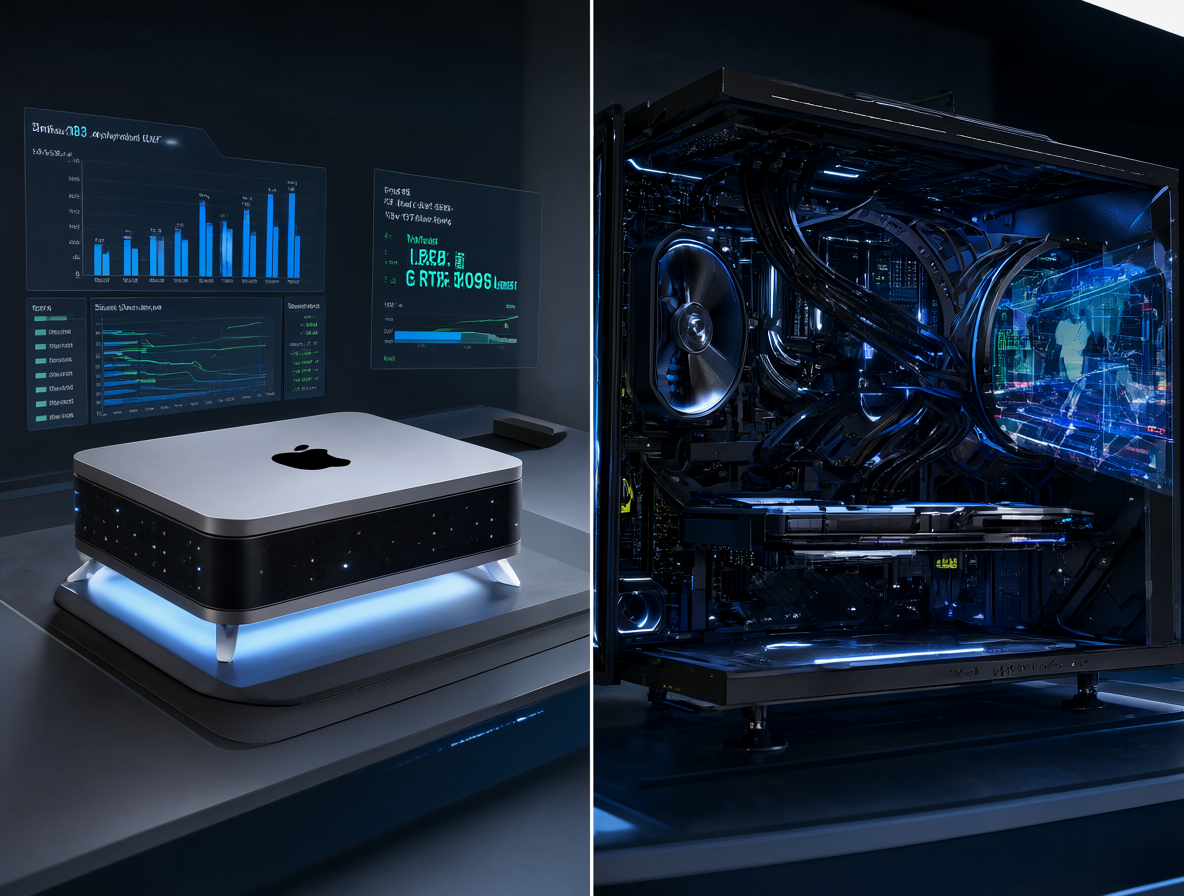Comparison of a Mac Studio and an NVIDIA GPU rig with performance charts showing speed differences.