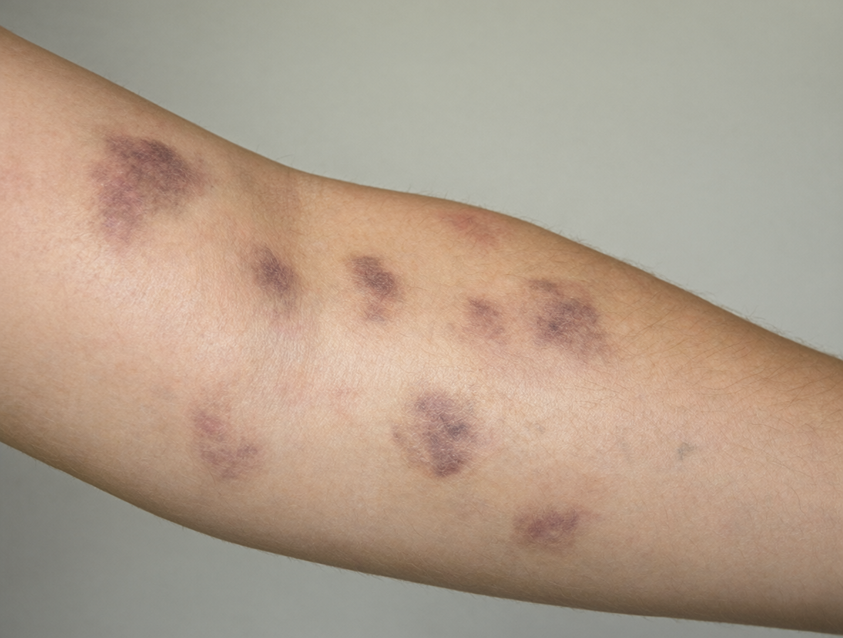 Fotografía de cerca mostrando moretones no explicados en la piel de un brazo y una pierna con fondo neutro.