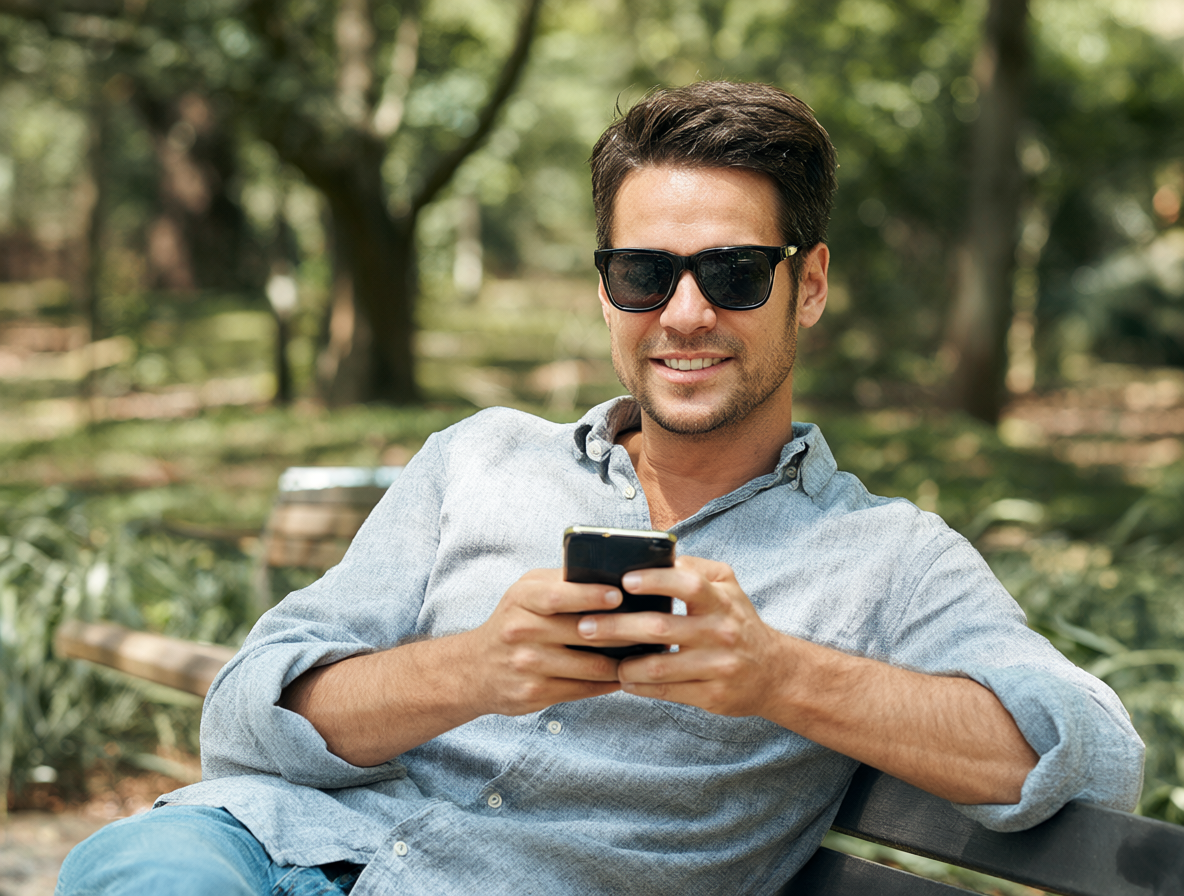 Persona escribiendo en un teléfono móvil con una expresión tranquila.