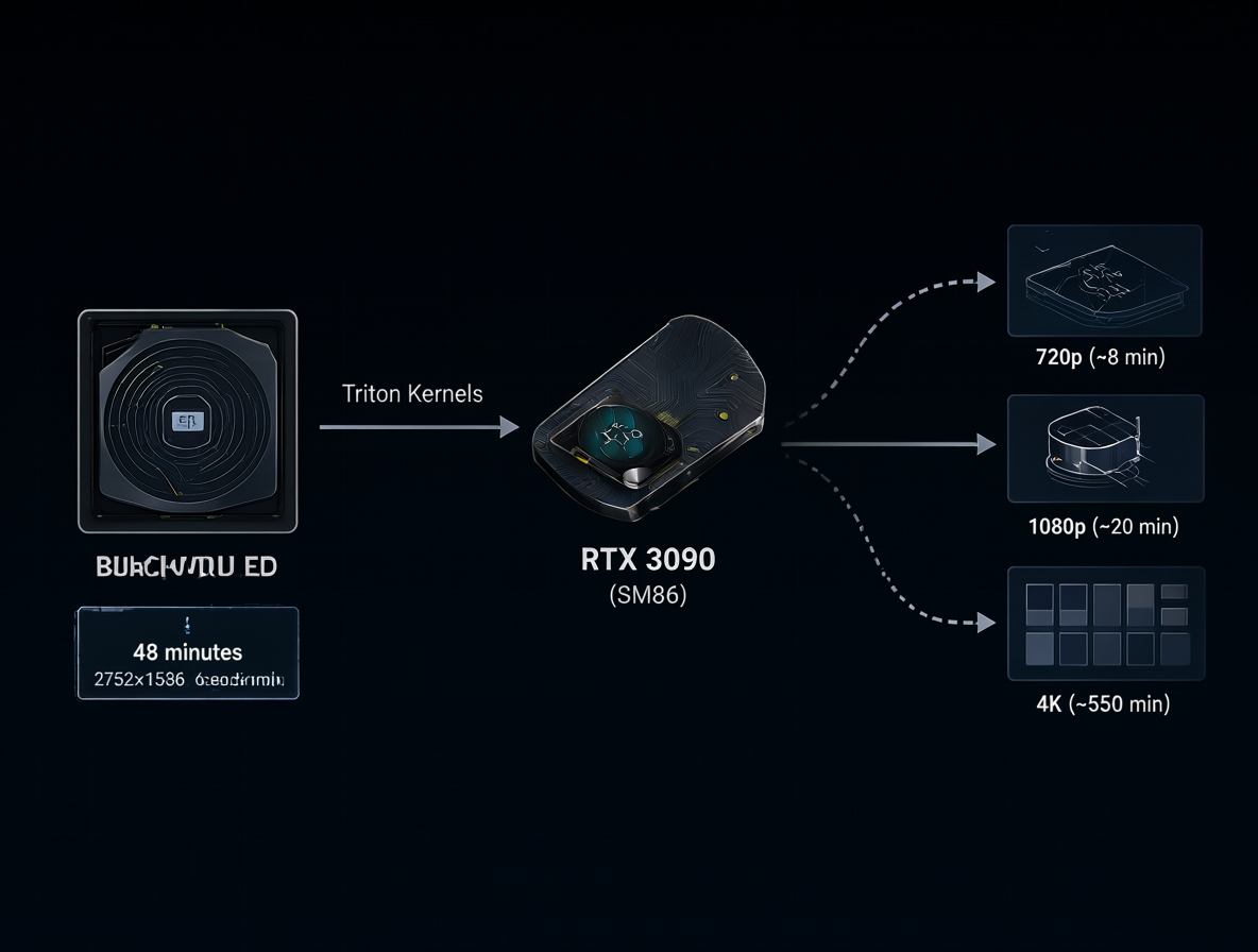 Diagrama técnico mostrando la transición de Blackwell a Ampere con Triton, y una gráfica comparativa de los tiempos de renderizado para diferentes resoluciones.