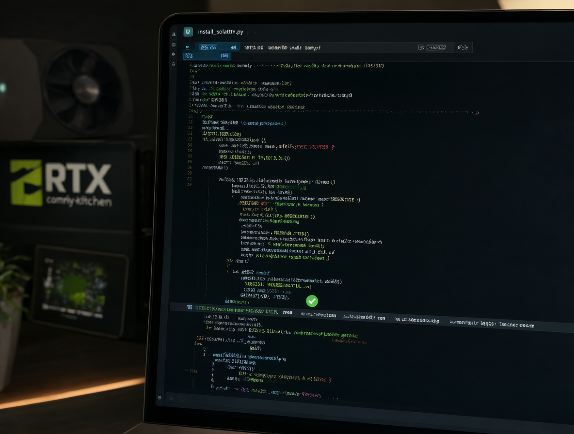Ilustración de un script de Python verificando checksums y respaldos en una pantalla, con un logo de RTX 3090 desenfocado al fondo.