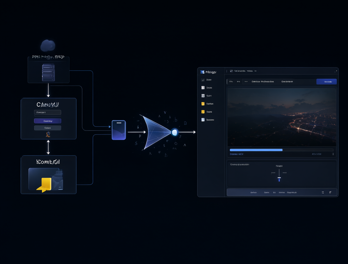 Diagrama técnico de la arquitectura de automatización de ComfyUI usando WebSocket y separación de tareas entre PHP y JavaScript.