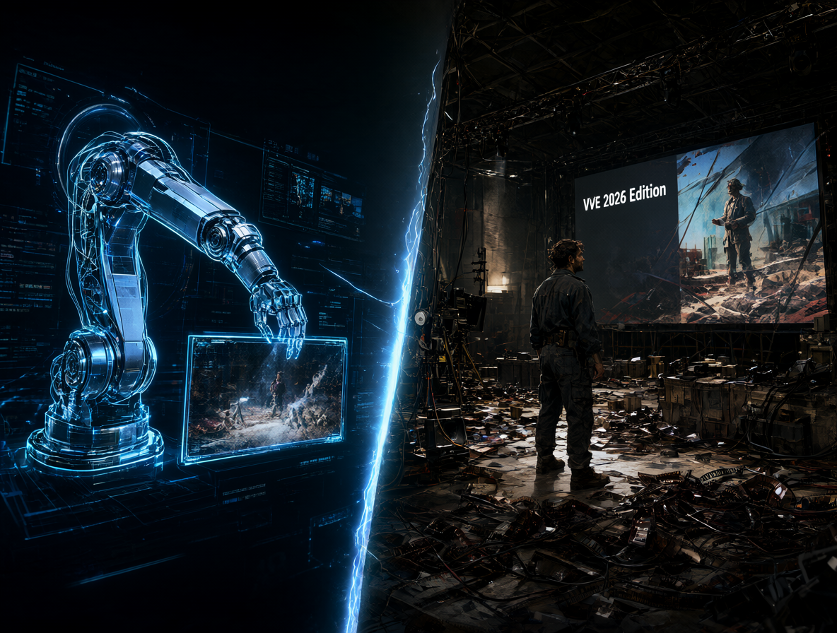 Ilustración dividida mostrando una interfaz de IA brillante a un lado y un set de filmación industrial al otro, representando el cuello de botella en la producción de VFX con inteligencia artificial.