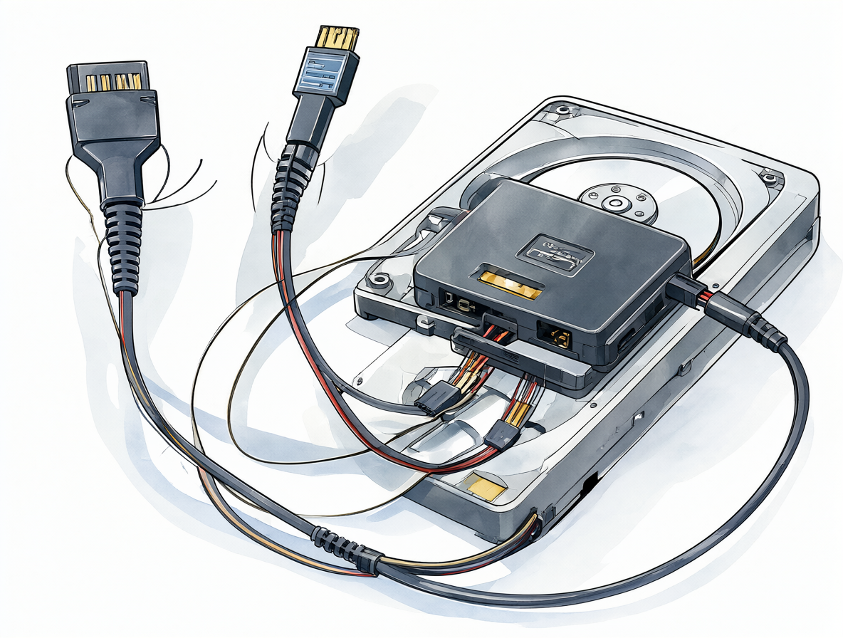 Ilustración de un disco duro conectado a su adaptador de alimentación.