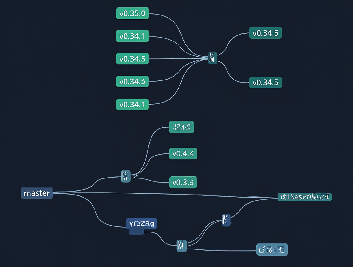 Diagrama del repositorio Git mostrando las ramas master y release/v0.34 con sus respectivos tags.