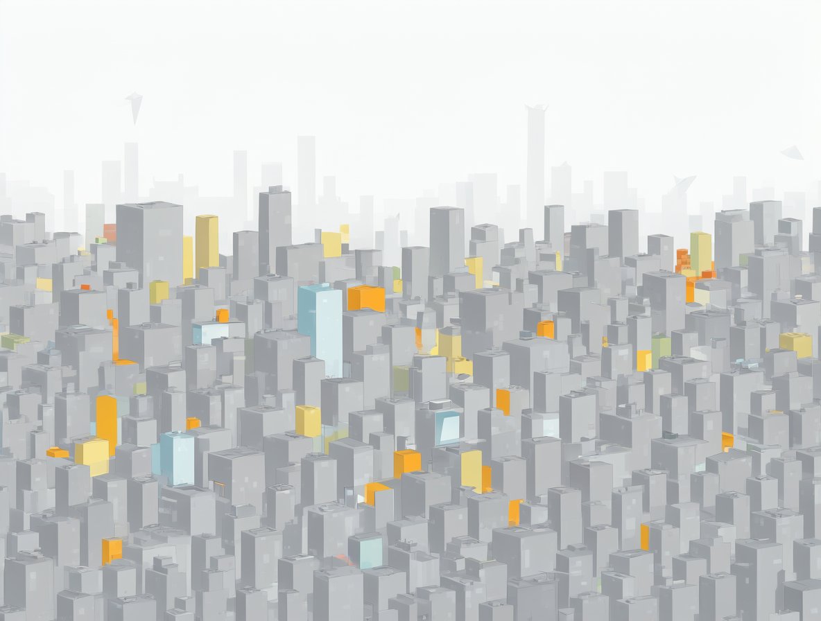 Un skyline urbano donde la inmensa mayoría de los edificios son grises y opacos, simbolizando las empresas invisibles que no buscan visibilidad comercial pública.