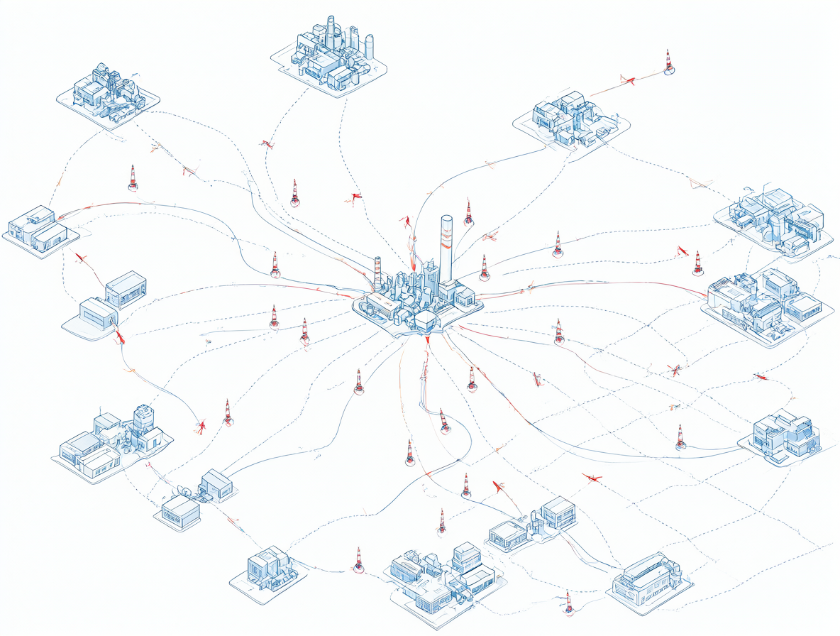 Un diagrama visual que muestra una instalación central conectada a múltiples nodos secundarios, representando cómo las empresas sin visibilidad pública sostienen operaciones industriales masivas.