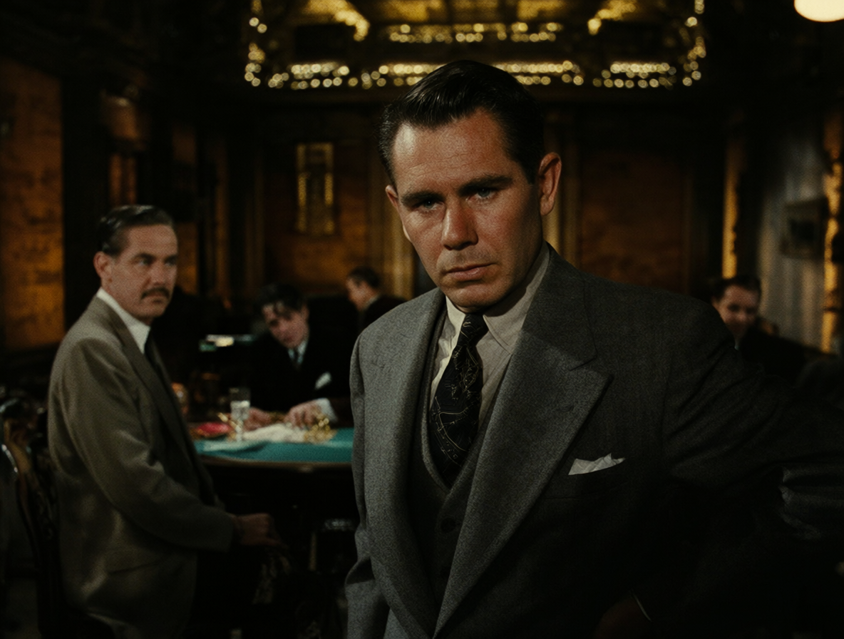 Glenn Ford frente al casino clandestino mientras Isidoro observa desde una mesa.