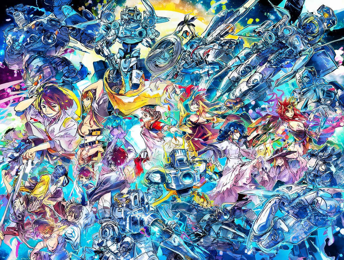 Ilustración vibrante mostrando diversos géneros de manga y ciencia ficción como robots espaciales y personajes de fantasía, representando su popularidad en la cultura moderna.