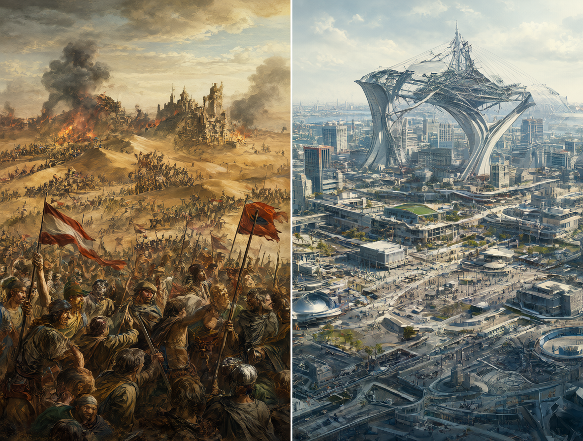 Comparativa visual entre los costos humanos de la conquista y sus beneficios económicos.