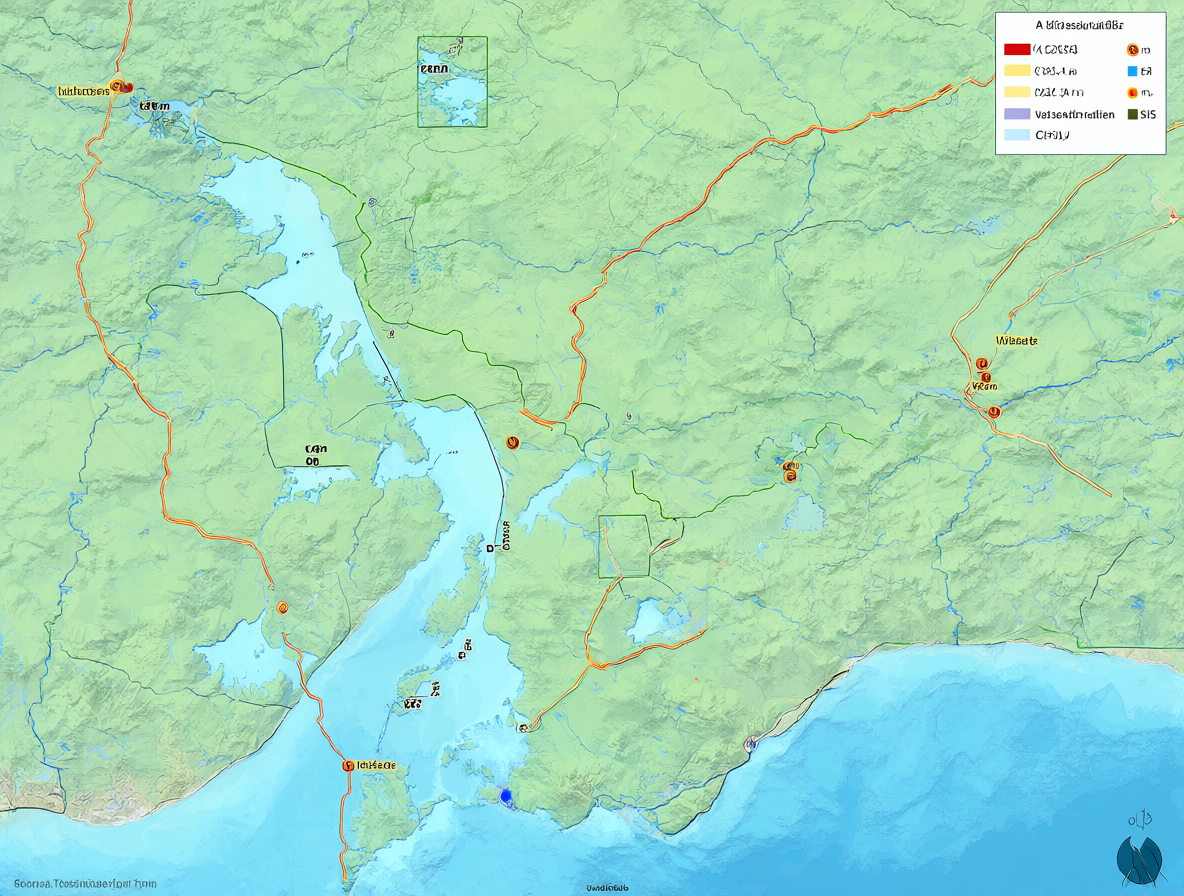 Mapa técnico de inundación por maremoto superpuesto sobre la topografía de la comuna de Niebla y el río Valdivia.