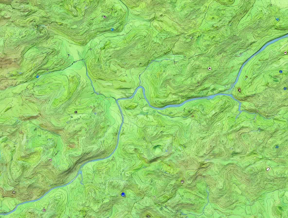 Vista aérea del estuario del río Valdivia con curvas de nivel detalladas.