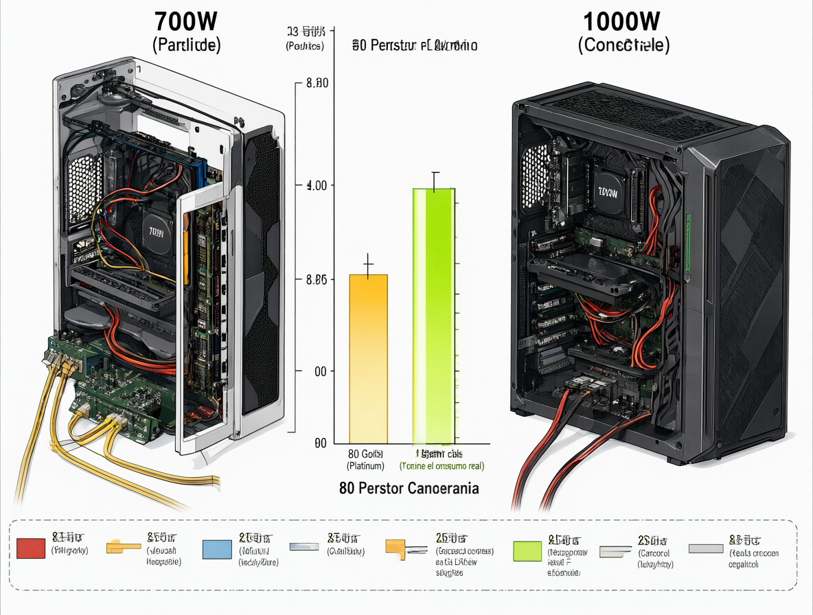 Gráfico técnico comparativo de fuentes de poder 700W y 1000W