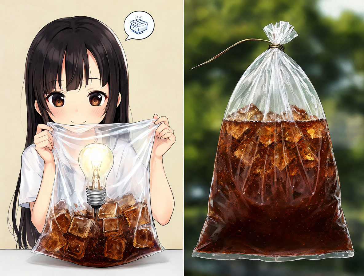 Digital illustration showing Tomoko making her unique drink with a lightbulb, alongside traditional soda bags used for deposits in Mexico and Thailand.