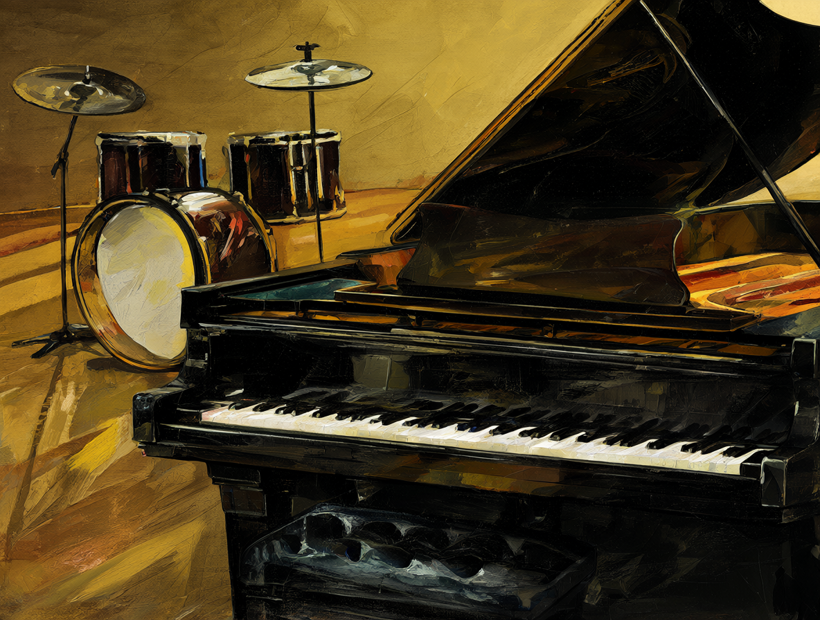 Ilustración artística de instrumentos musicales, destacando un piano y una batería.