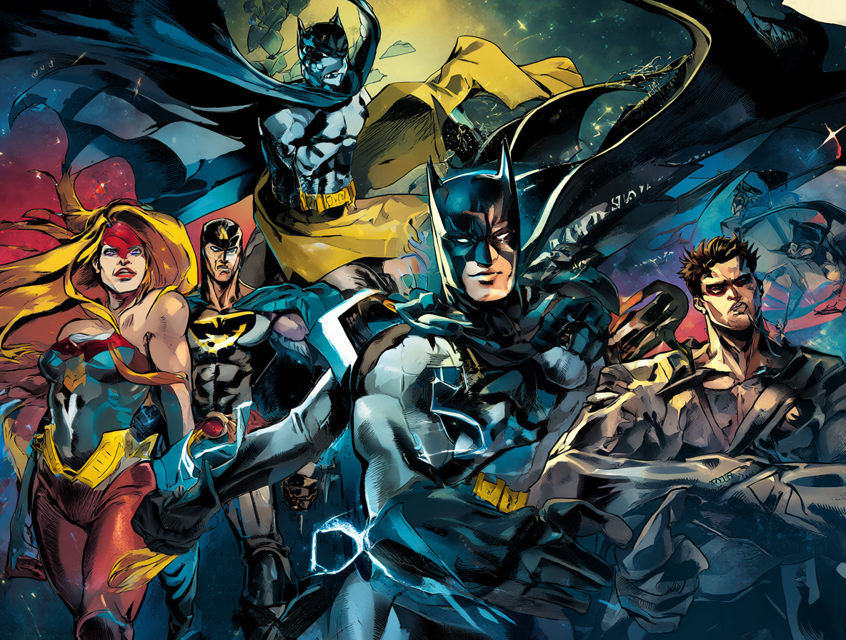 Ilustración de los héroes de DC en el torneo *K.O.*, incluyendo a Tim Drake como Batman.