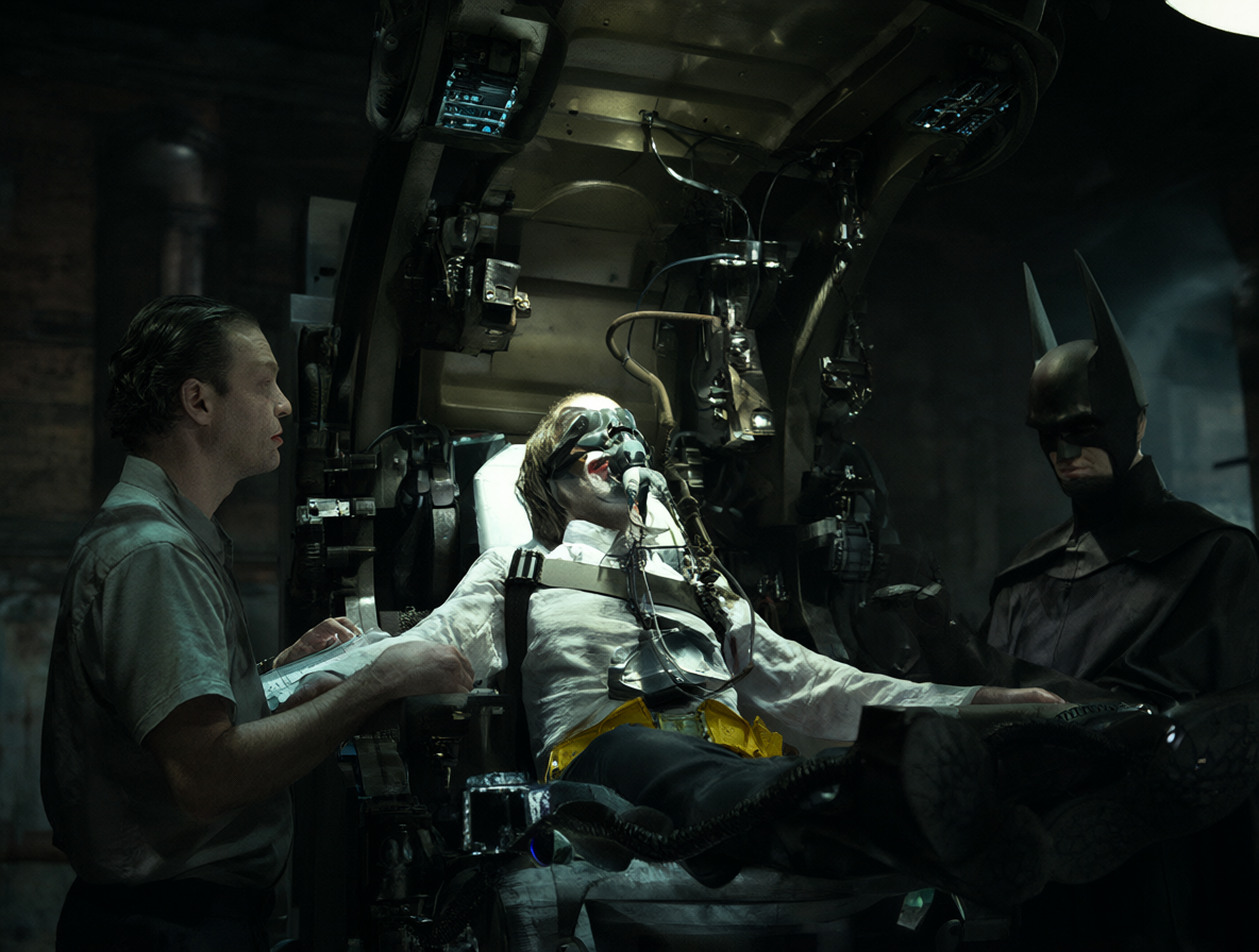Joker conectado a un aparato médico en Arkham y Batman observándolo.