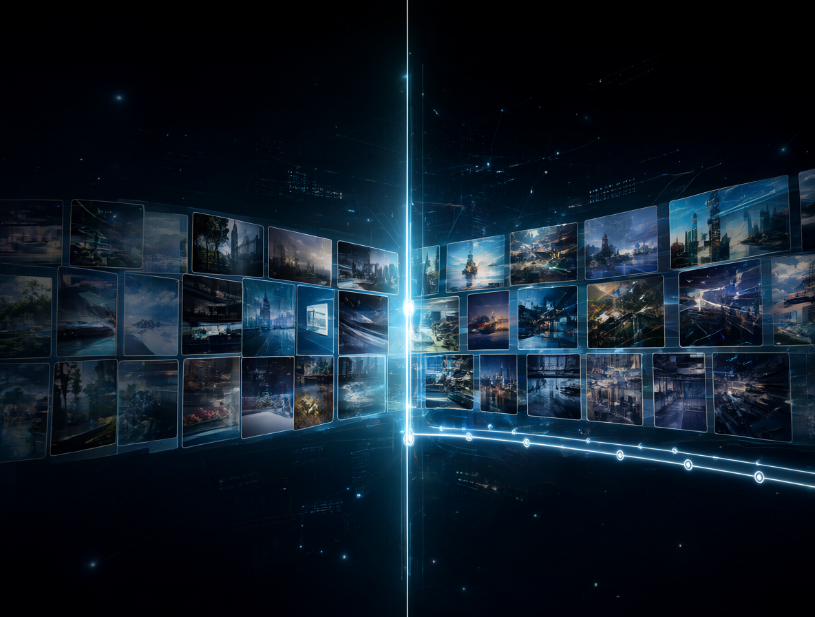 Ilustración abstracta mostrando la transición fluida desde una secuencia de frames hacia el futuro con un fondo digital oscuro.