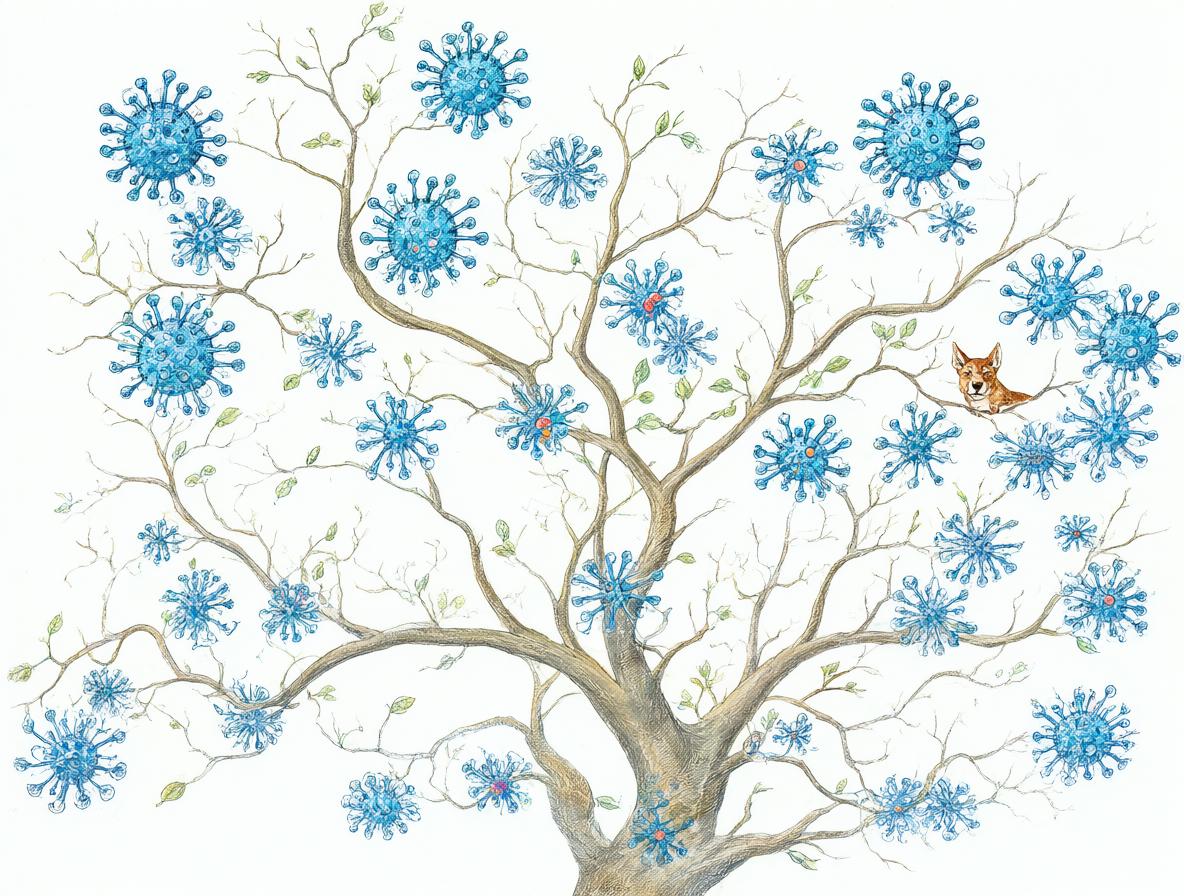 Diagrama de árbol filogenético comparando virus