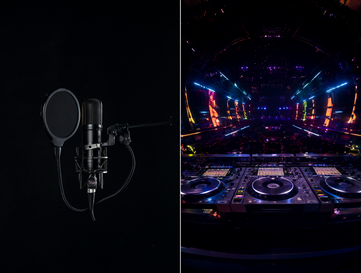 Estudio de grabación mostrando la separación entre pistas vocales e instrumentales durante un remix.