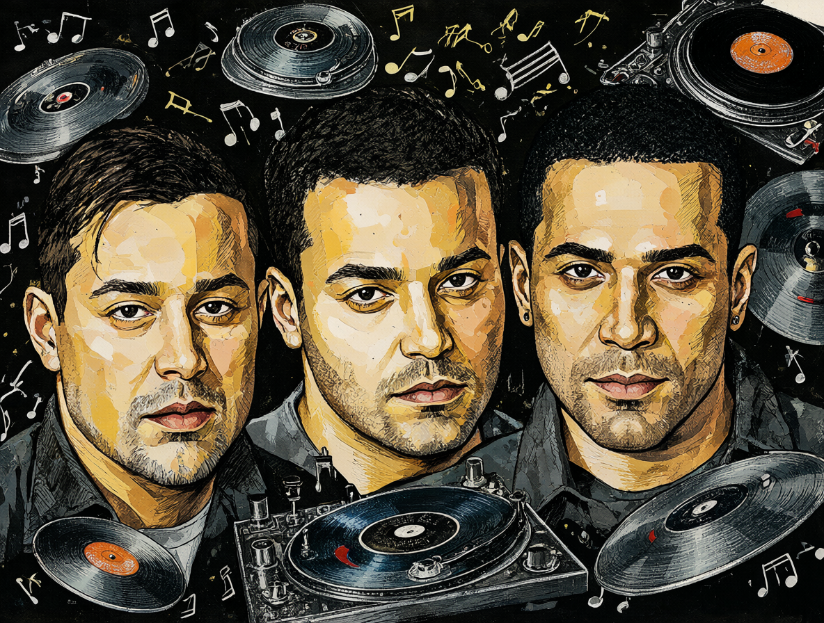 Retratos de Oakenfold, Junior Vasquez y David Morales rodeados de equipo musical.
