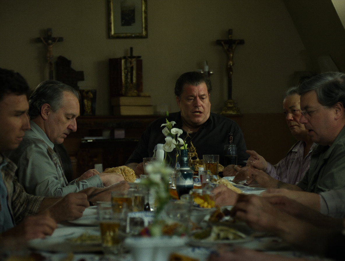 Grupo de personas en un almuerzo religioso con una persona incómoda al lado.
