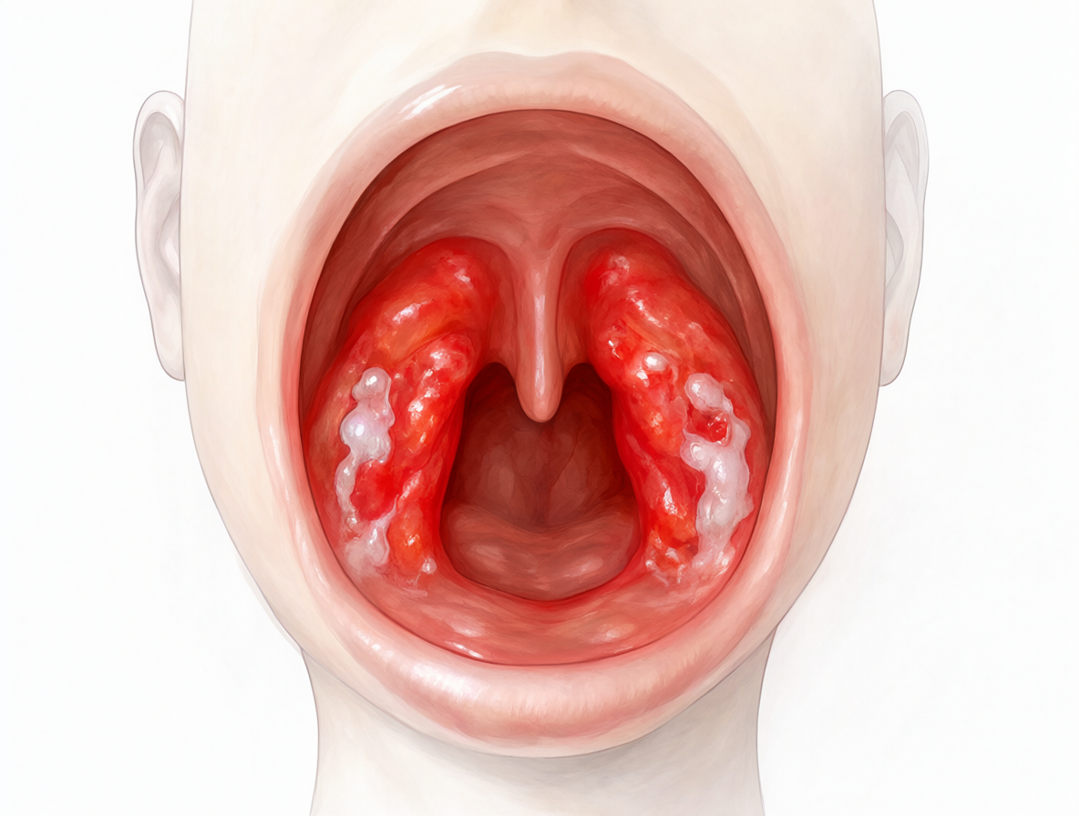 Ilustración médica detallada de una garganta con amígdalas rojas e inflamadas, mostrando placas de pus sobre un fondo blanco clínico.