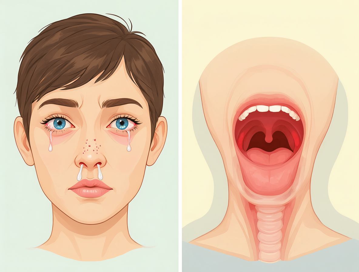 Ilustración dividida mostrando un rostro con síntomas de alergia a la izquierda y una garganta limpia a la derecha para contrastar la irritación alérgica con la infección.