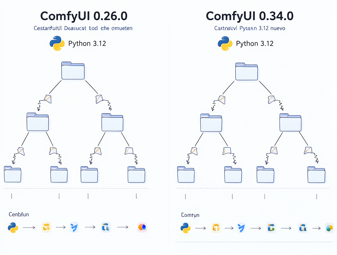 Diagrama mostrando dos instalaciones separadas de software de IA con diferentes versiones de Python y dependencias, ilustrando la estrategia de no migrar en lugar de actualizar.