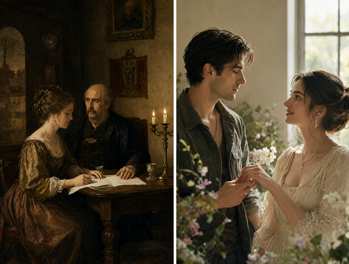 Imagen dividida mostrando la negociación matrimonial histórica versus una propuesta moderna, simbolizando el cambio social en las costumbres matrimoniales.