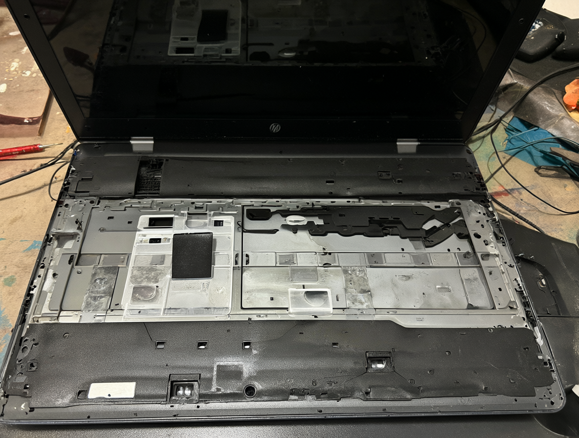 Laptop HP 250 G5 abierta sobre una mesa de trabajo con herramientas, mostrando el chasis inferior y puerto DC.