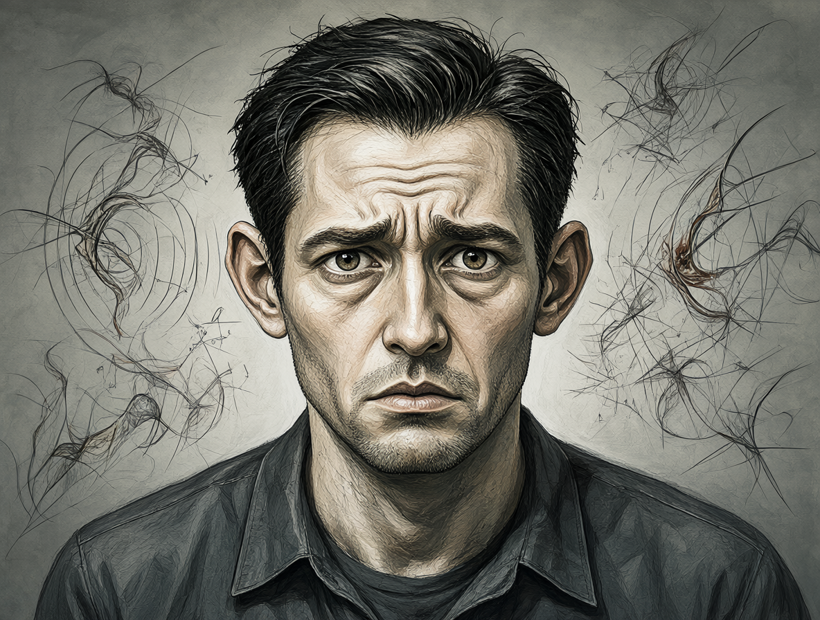 Retrato detallado de una persona con rasgos narcisistas que está perdiendo la audición, mostrando frustración por el ruido y los malentendidos comunicativos.