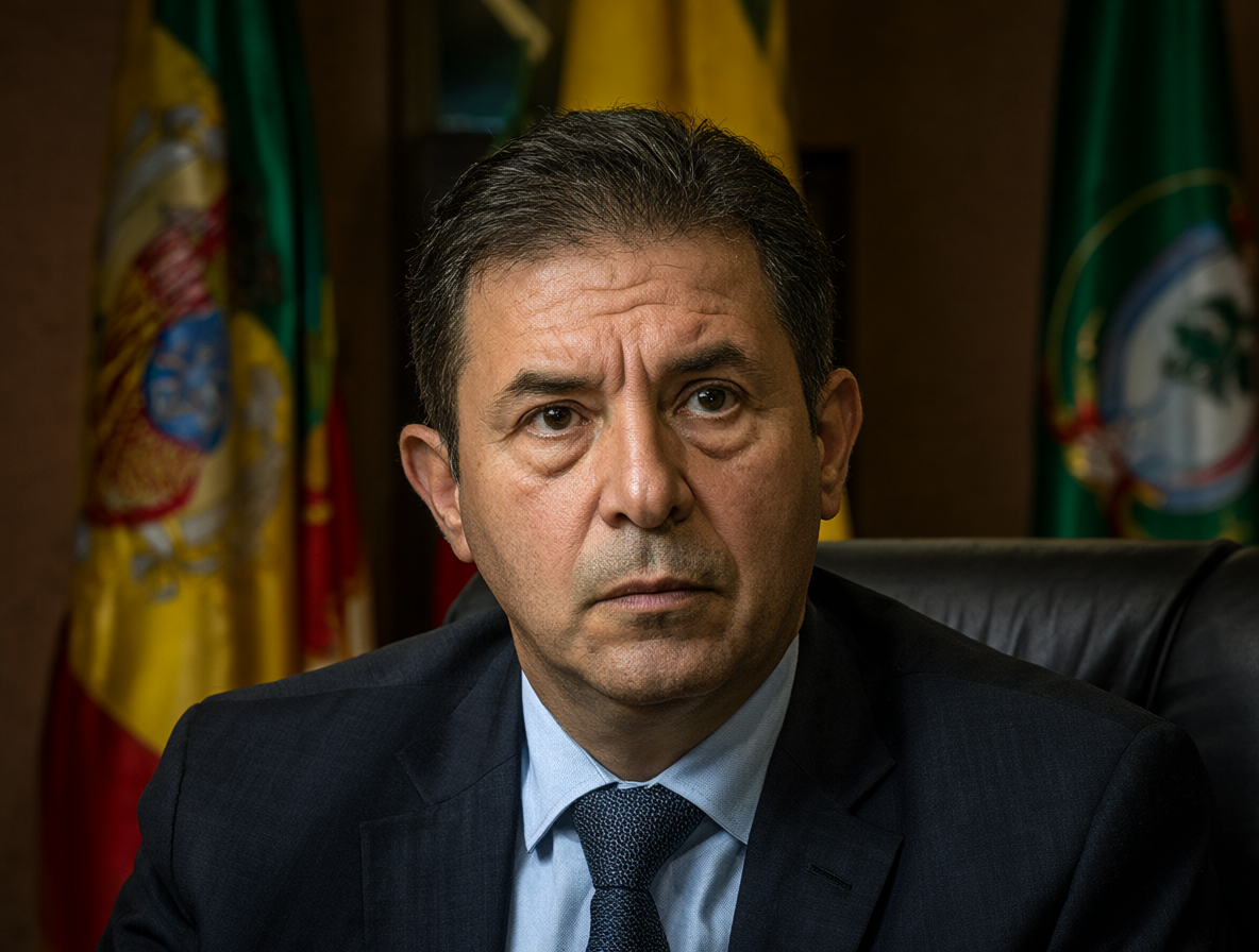 Retrato serio de un político en una oficina gubernamental, mirando al espectador con expresión seria bajo iluminación dramática.