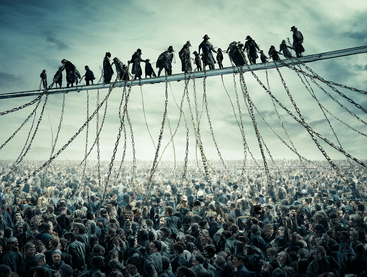 Contraste visual entre la élite y el resto de la humanidad conectados por cadenas del sistema